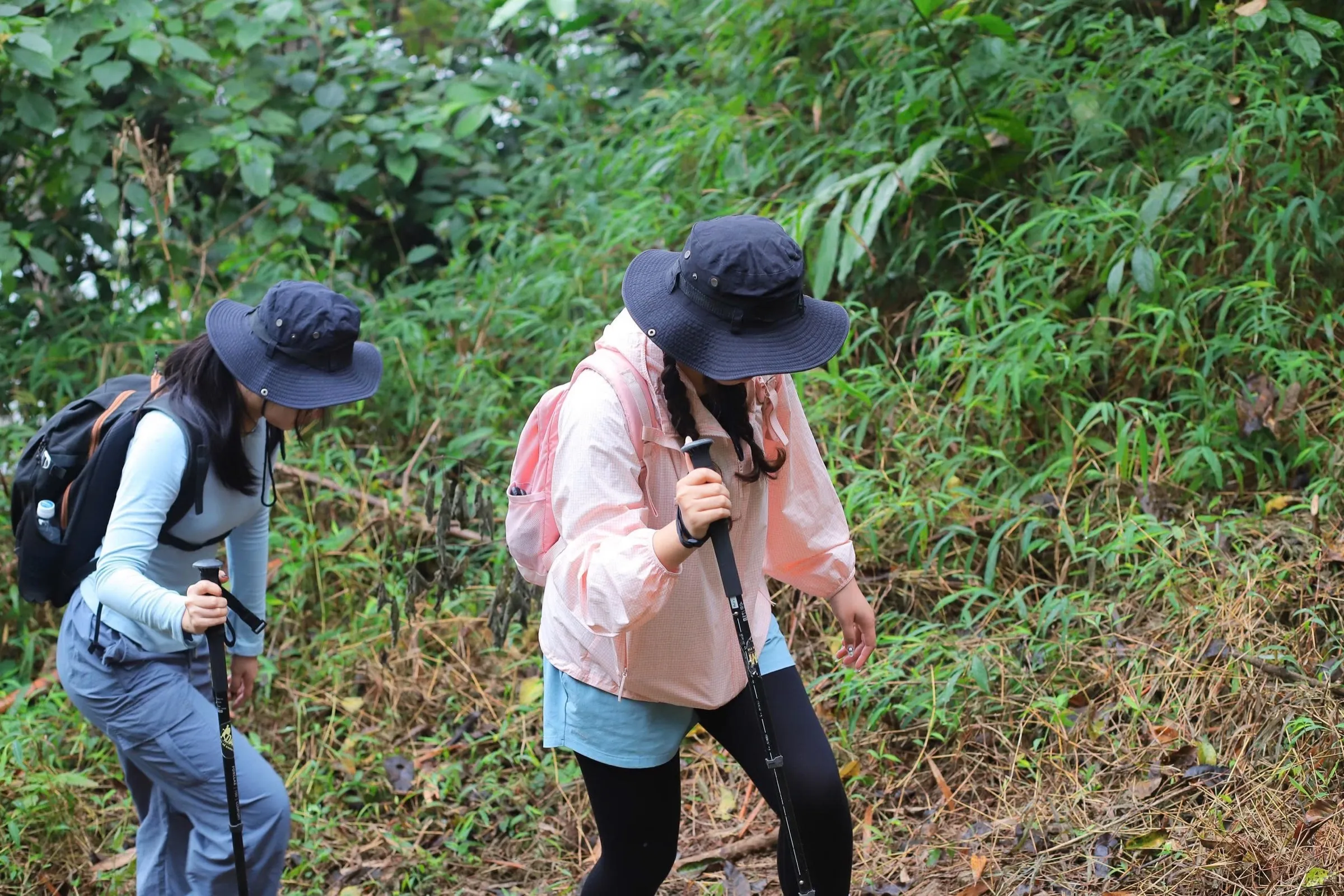 Two trekkers with poles hiking up a forest trail above the lake.